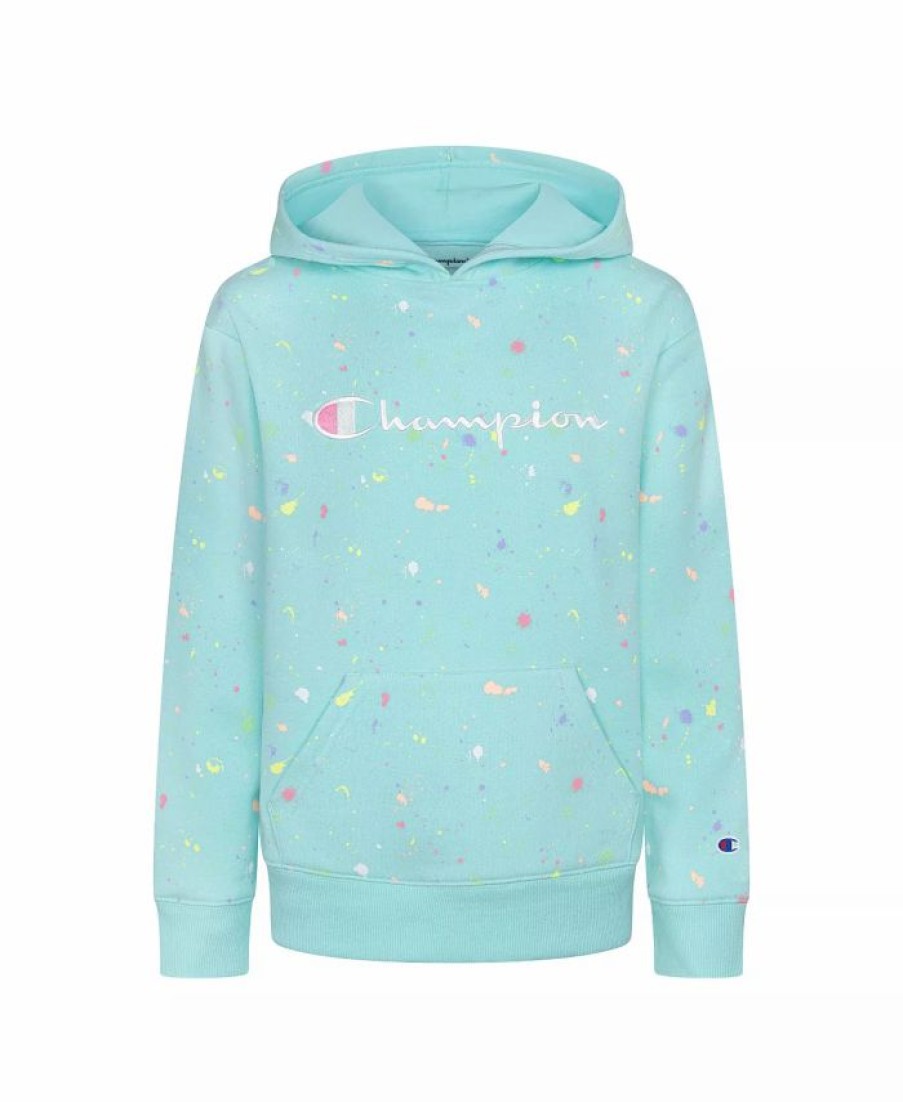 Kids * | Champion Little Girls Paint Splatter All Over Print Fleece Hoodie Blue Mist