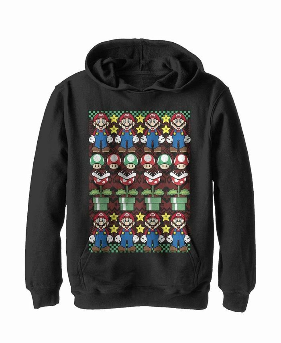 Kids * | Nintendo Boy'S Ugly Christmas Mario Child Pull Over Hoodie Black