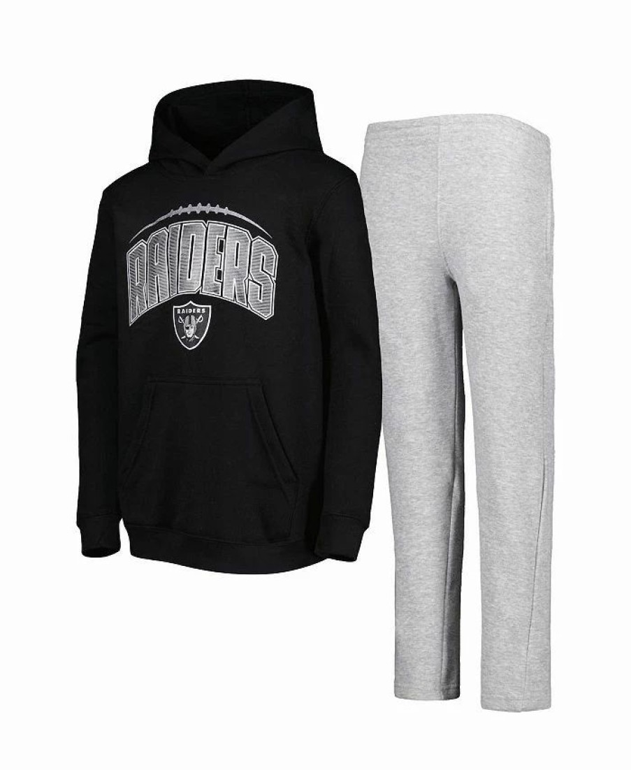 Sports Fan Shop * | Outerstuff Youth Boys Las Vegas Raiders Double Up Pullover Hoodie Pants Set Black, Heather Gray