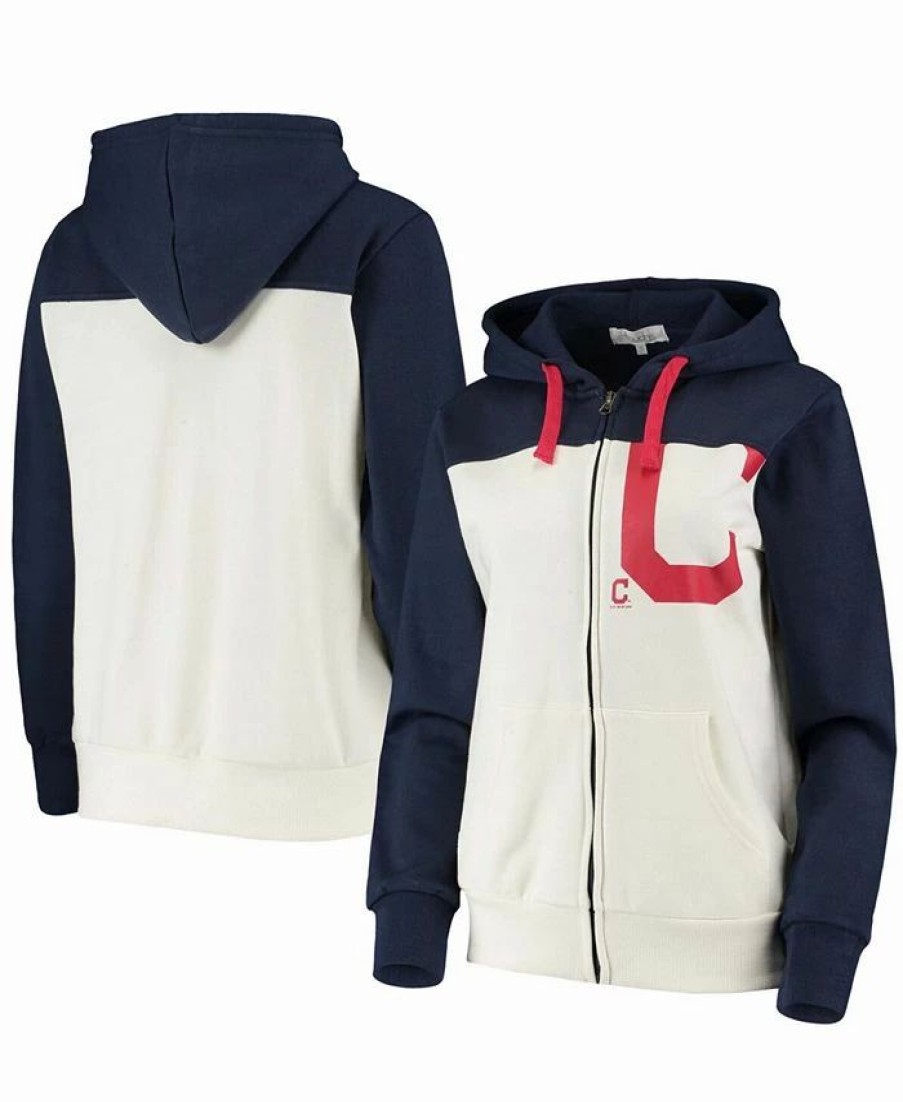 Sports Fan Shop * | Women'S Cleveland Indians Conference Full-Zip Hoodie Oatmeal-Navy