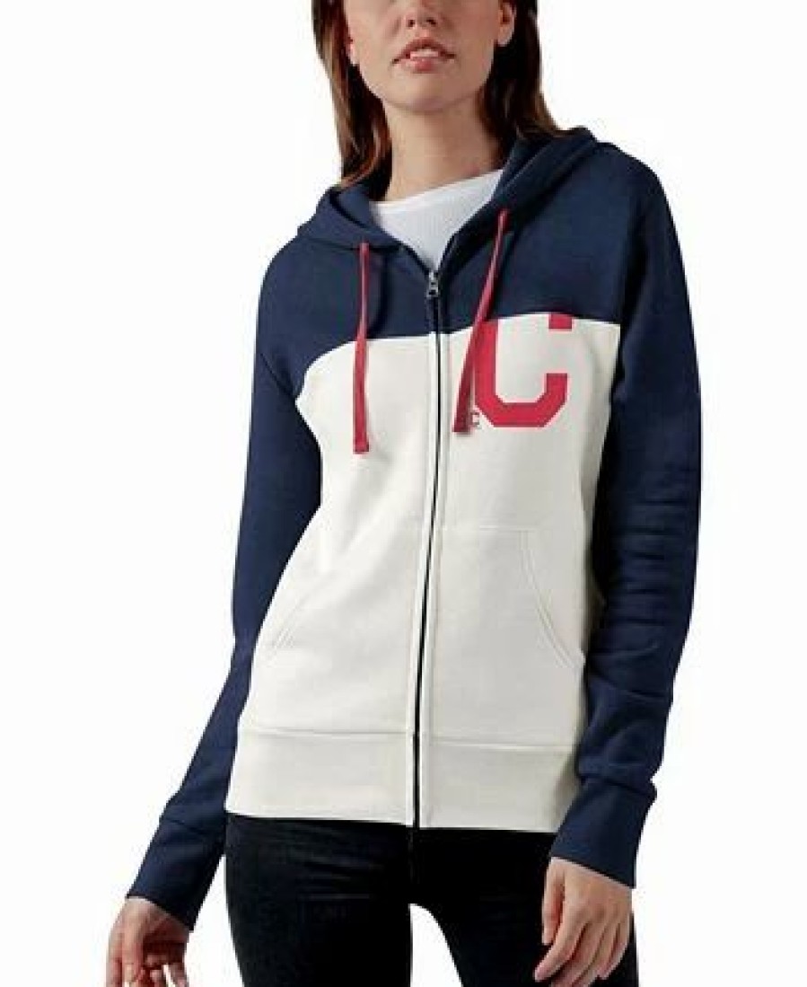 Sports Fan Shop * | Women'S Cleveland Indians Conference Full-Zip Hoodie Oatmeal-Navy