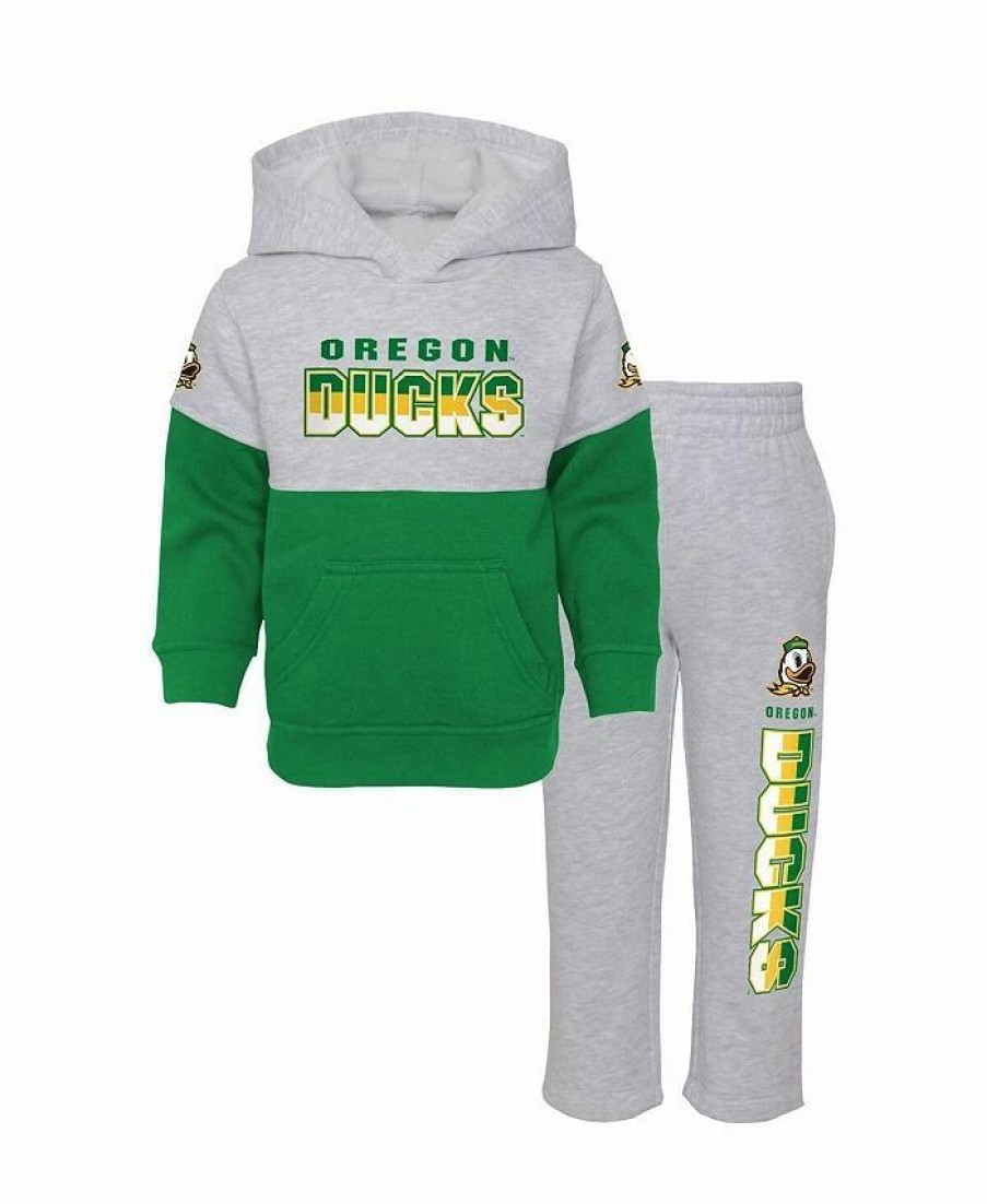 Sports Fan Shop * | Outerstuff Preschool Boys And Girls Oregon Ducks Playmaker Pullover Hoodie And Pants Set Heather Gray, Green