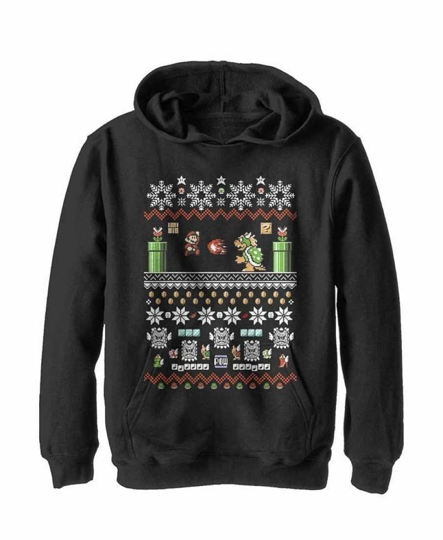 Kids * | Nintendo Boy'S Ugly Christmas Mario And Bowser Child Pull Over Hoodie Black