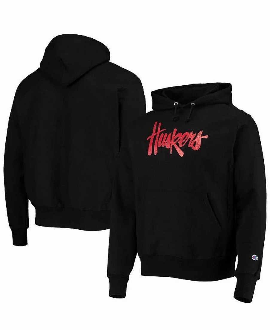 Sports Fan Shop * | Champion Men'S Nebraska Huskers Vault Logo Reverse Weave Pullover Hoodie Black