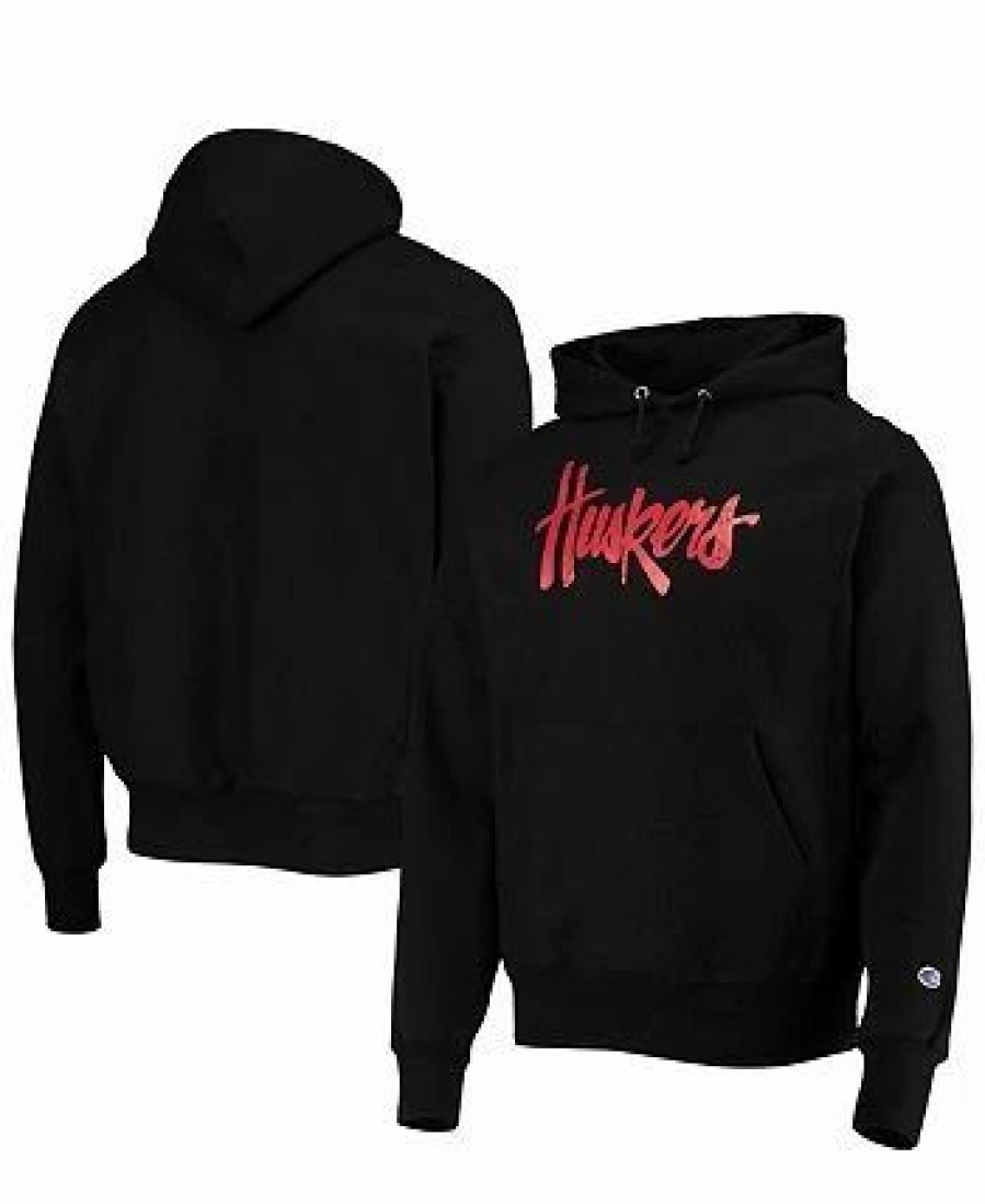 Sports Fan Shop * | Champion Men'S Nebraska Huskers Vault Logo Reverse Weave Pullover Hoodie Black