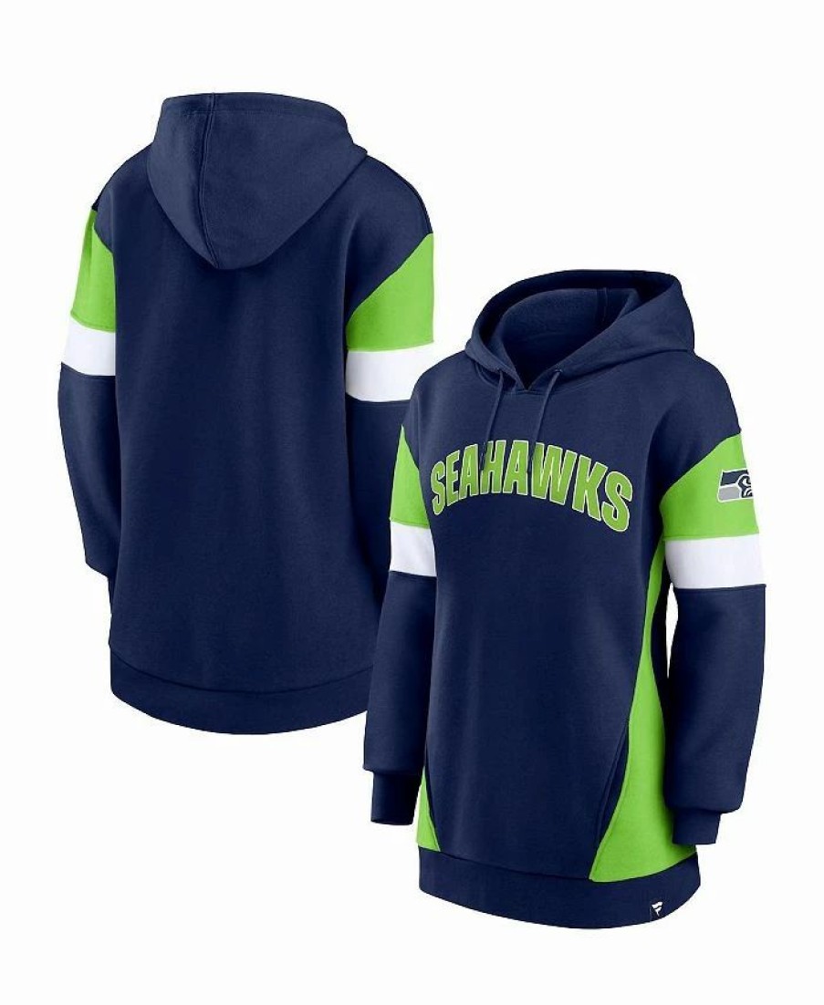 Sports Fan Shop * | Fanatics Women'S Branded College Seattle Seahawks Lock It Down Pullover Hoodie Navy, Neon Green