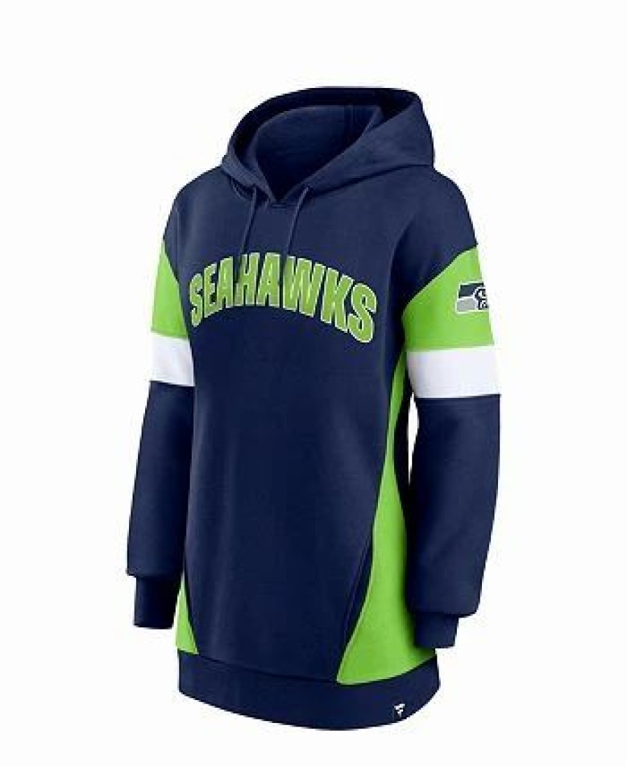 Sports Fan Shop * | Fanatics Women'S Branded College Seattle Seahawks Lock It Down Pullover Hoodie Navy, Neon Green