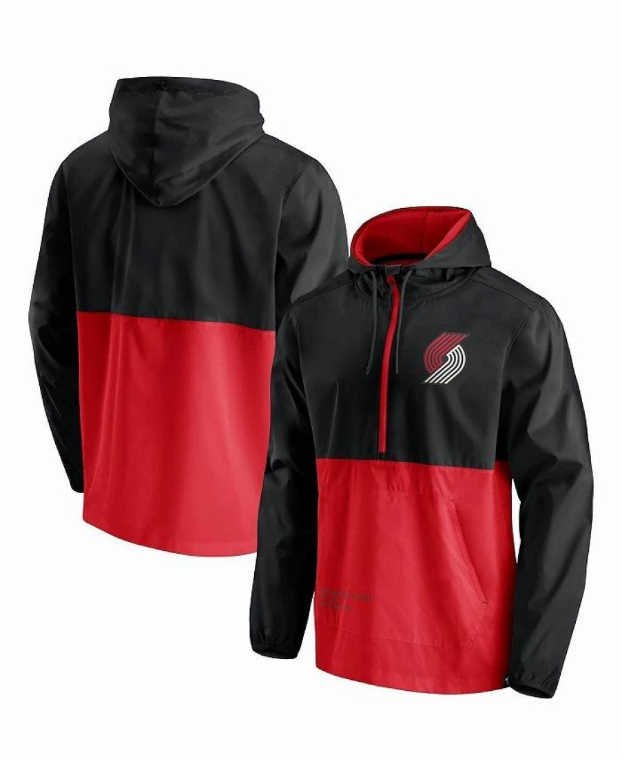 Sports Fan Shop * | Fanatics Men'S Branded Portland Trail Blazers Anorak Block Party Windbreaker Half-Zip Hoodie Jacket Black, Red