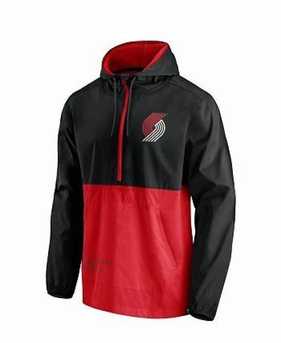 Sports Fan Shop * | Fanatics Men'S Branded Portland Trail Blazers Anorak Block Party Windbreaker Half-Zip Hoodie Jacket Black, Red