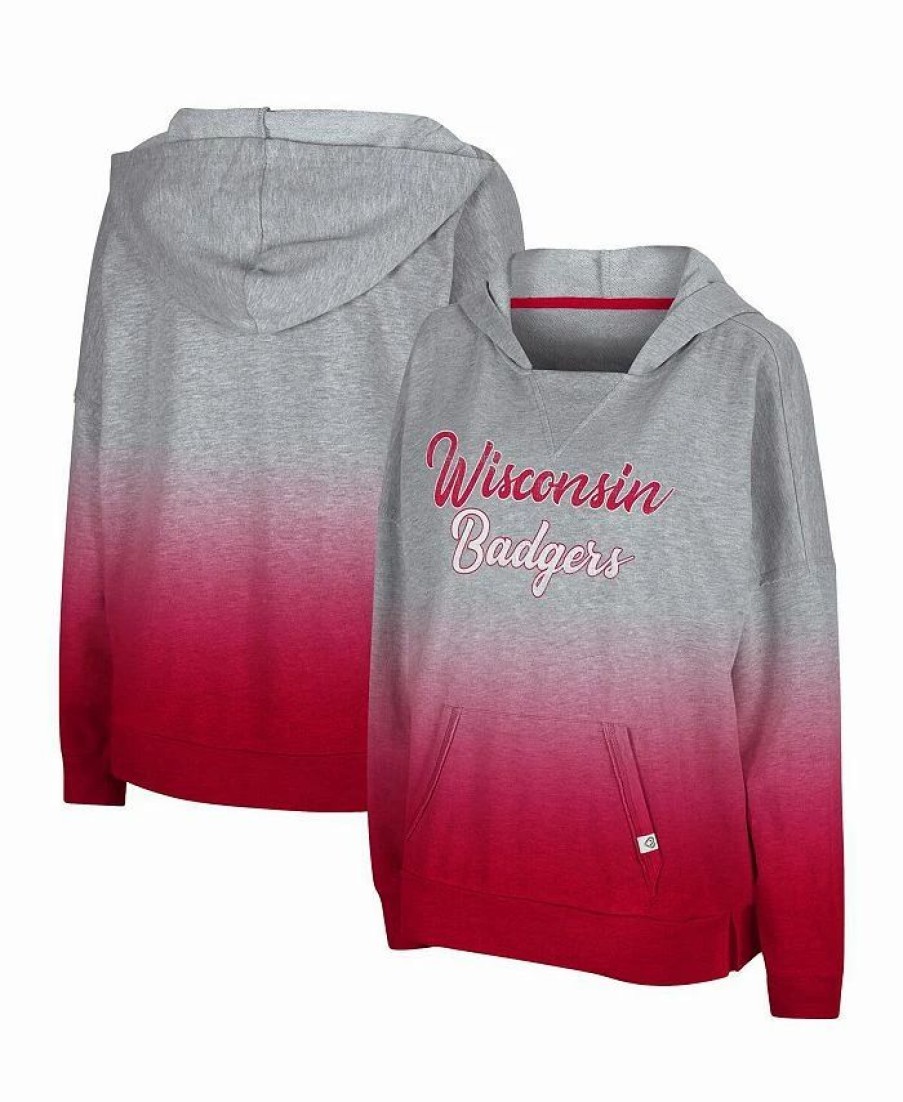 Sports Fan Shop * | Women'S Wisconsin Badgers On Wednesdays Dip-Dye Pullover Hoodie Heathered Gray