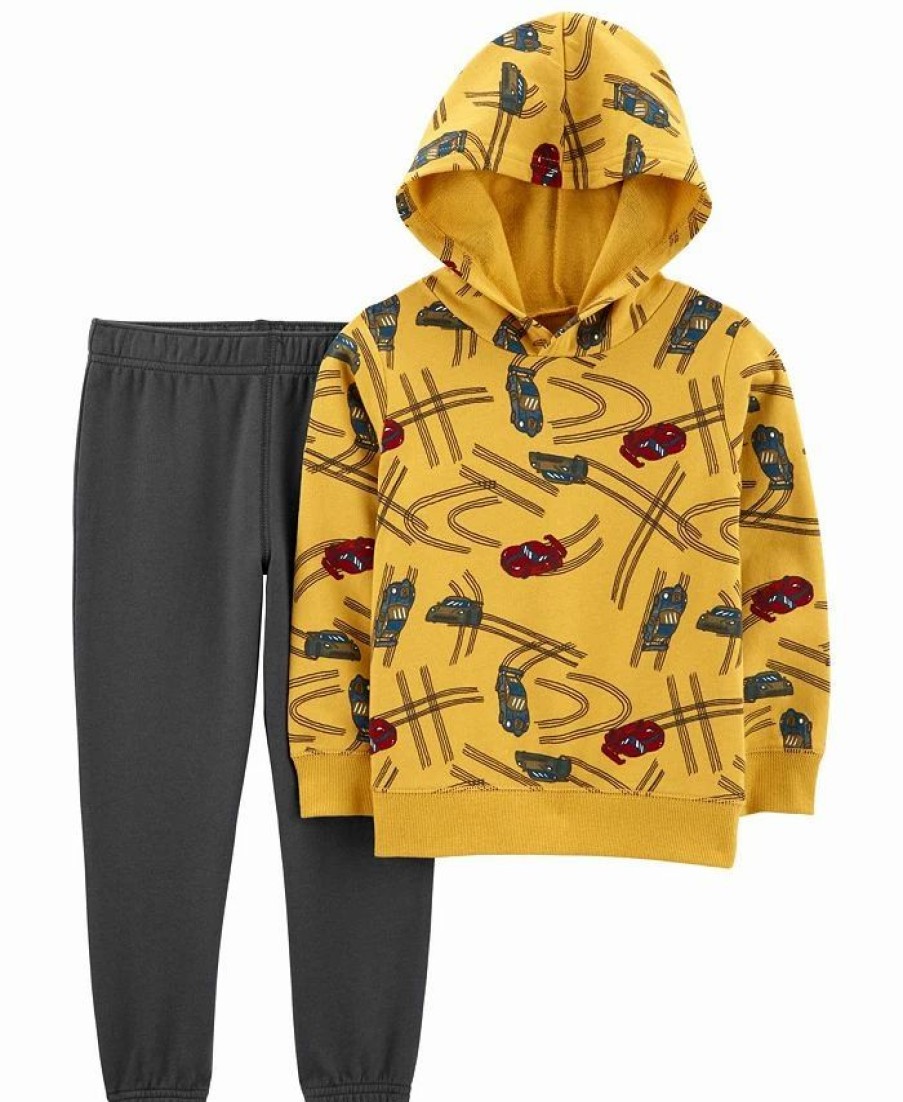 Kids * | Carter'S Toddler Boys Race Car Hoodie And Joggers, 2 Piece Set Yellow, Gray