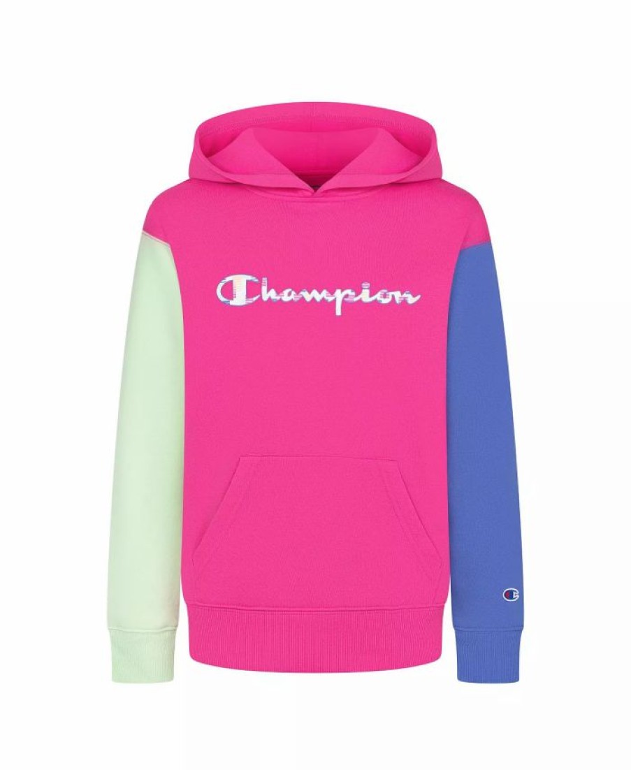 Kids * | Champion Toddler Girls Multi Stripe Pattern Script Color Block Fleece Hoodie