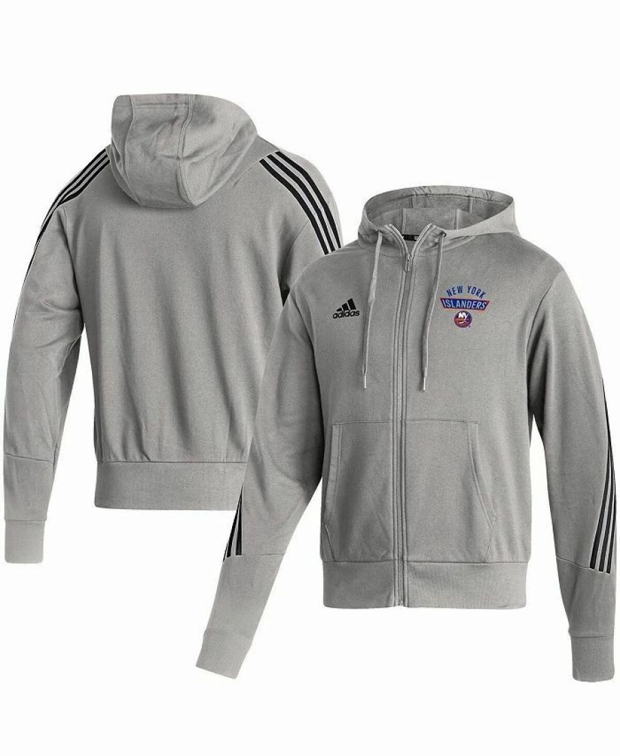 Sports Fan Shop * | Adidas Men'S New York Islanders Fashion Full-Zip Hoodie Heathered Gray