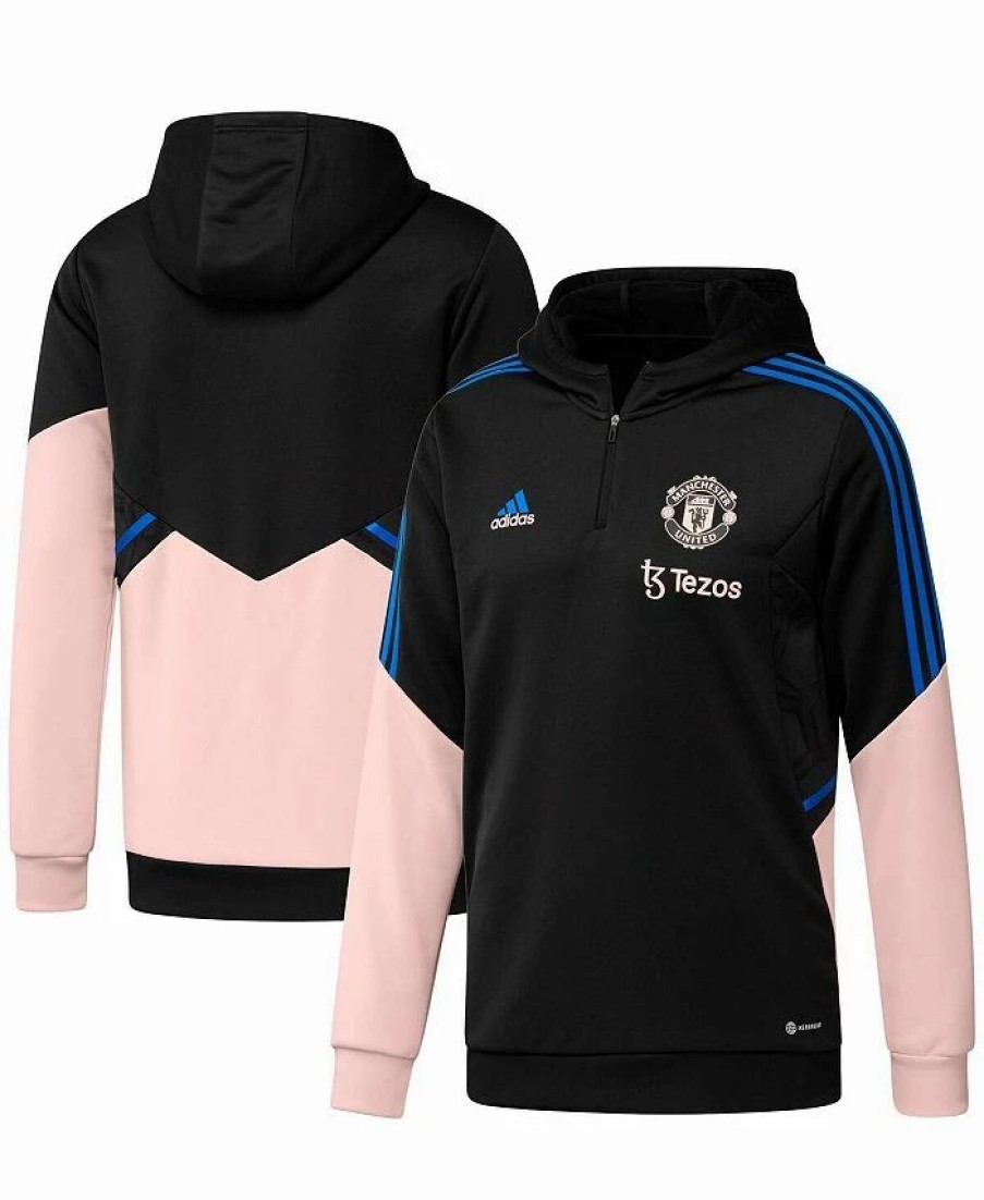 Sports Fan Shop * | Adidas Men'S Manchester United Training Aeroready Quarter-Zip Hoodie Black, Pink