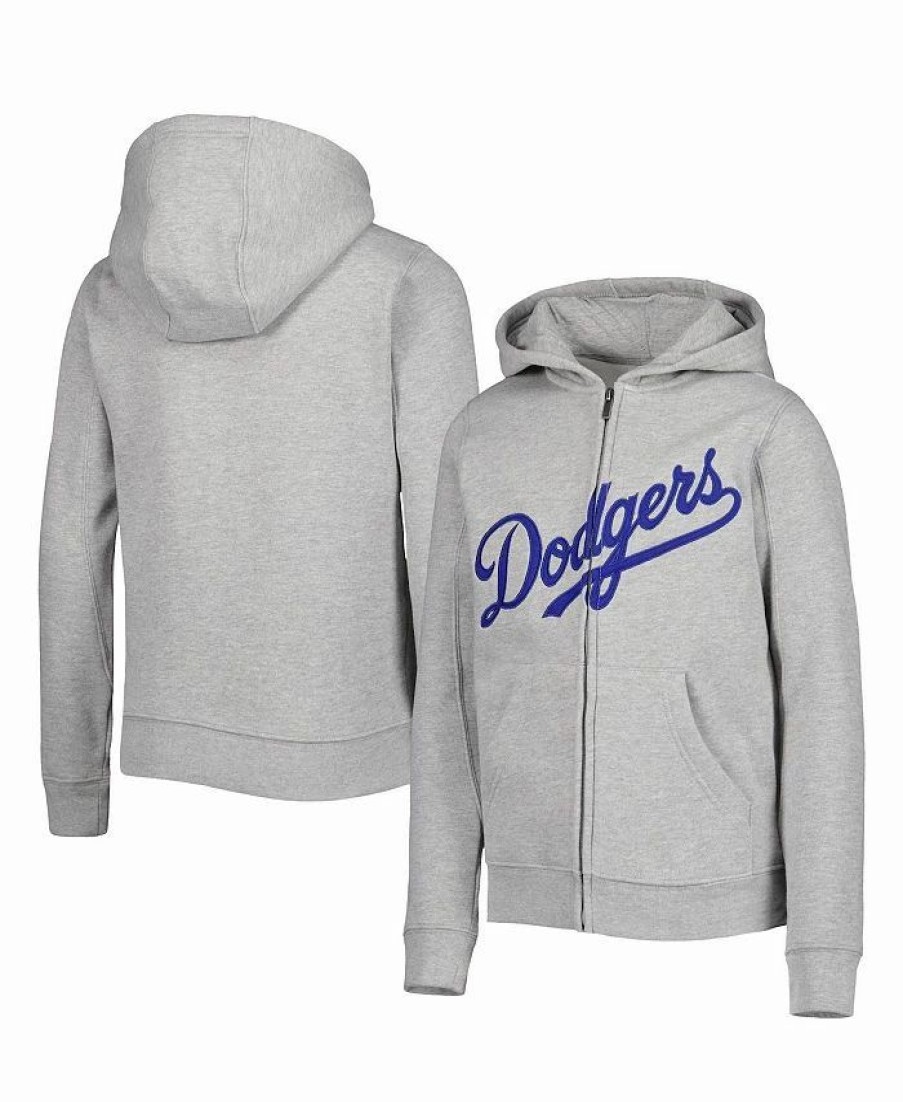 Sports Fan Shop * | Outerstuff Youth Boys Los Angeles Dodgers Wordmark Full-Zip Fleece Hoodie Heather Gray