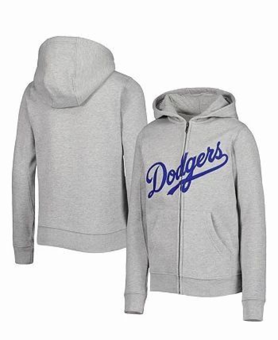 Sports Fan Shop * | Outerstuff Youth Boys Los Angeles Dodgers Wordmark Full-Zip Fleece Hoodie Heather Gray