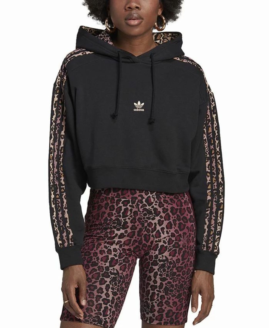 Women * | Adidas Women'S Animal-Trim Logo-Print Cotton Hoodie Black,Cheetah