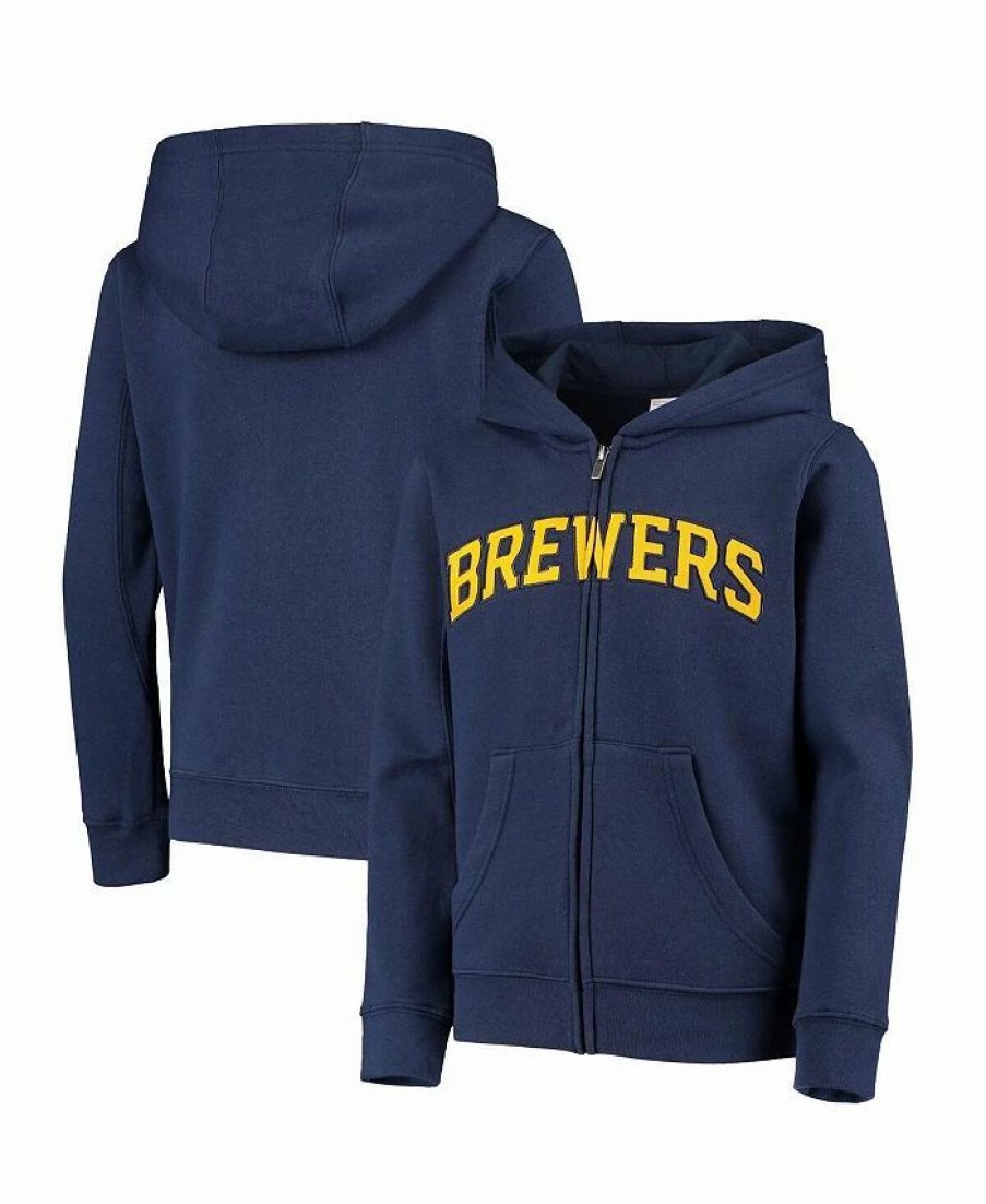 Sports Fan Shop * | Outerstuff Boys Youth Milwaukee Brewers Team Color Wordmark Full-Zip Hoodie Navy