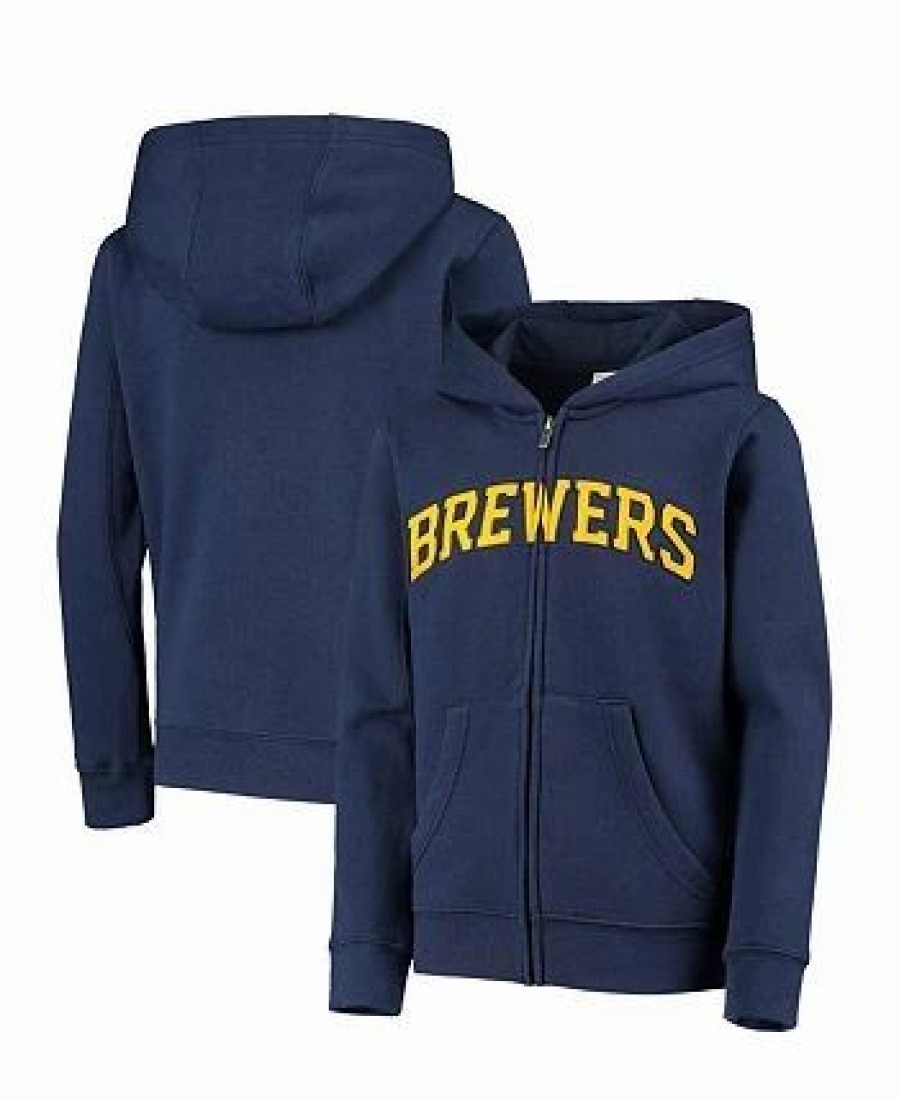 Sports Fan Shop * | Outerstuff Boys Youth Milwaukee Brewers Team Color Wordmark Full-Zip Hoodie Navy