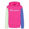 Kids * | Champion Little Girls Multi Stripe Pattern Script Color Block Fleece Hoodie Wow Pink, Warm Blueberry,