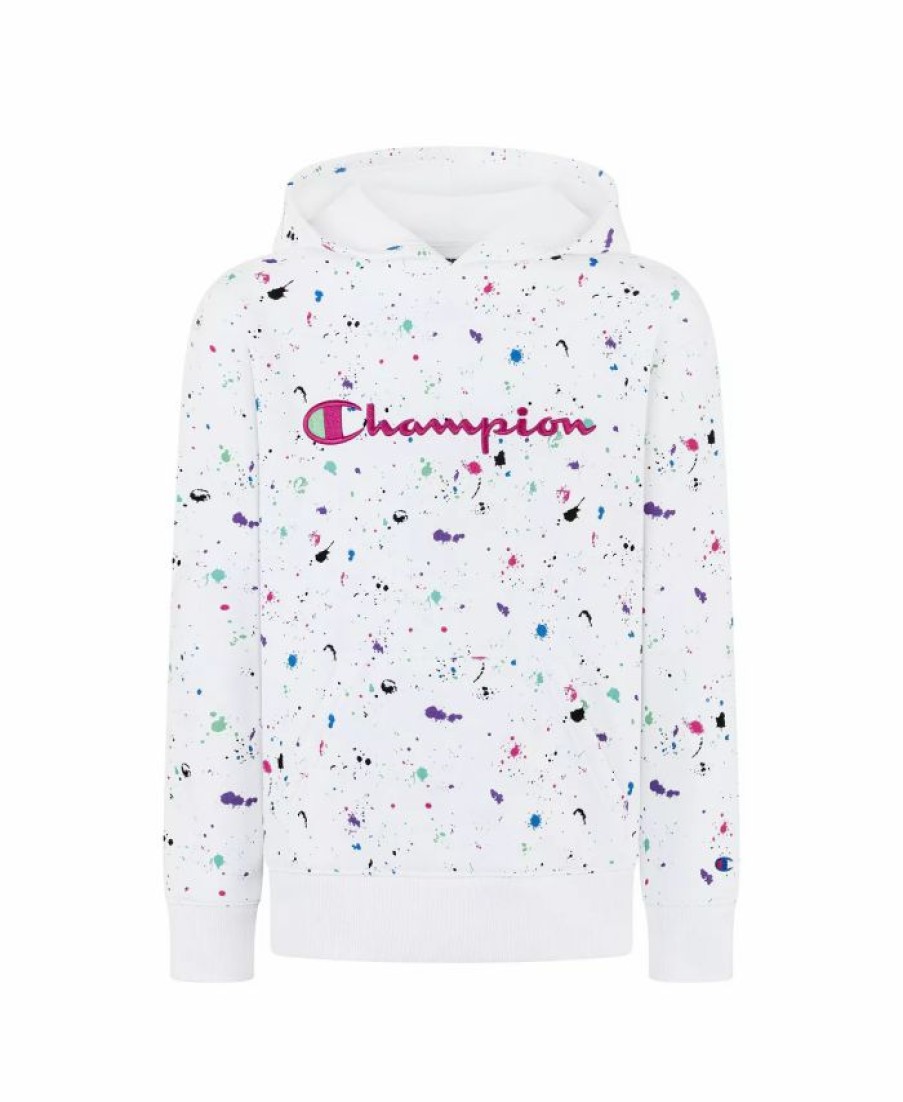 Kids * | Champion Big Girls Paint Splatter All Over Print Long Sleeve Fleece Hoodie Sweatshirt White