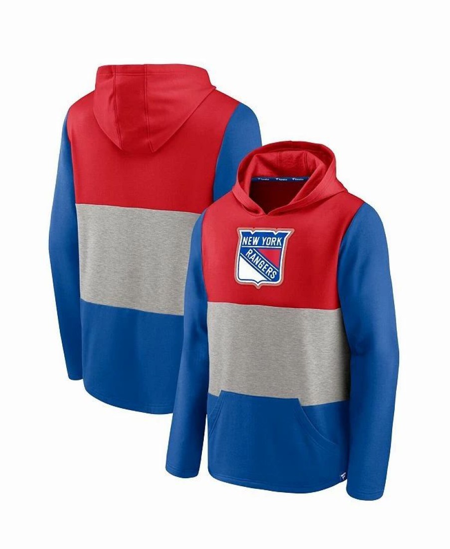 Sports Fan Shop * | Fanatics Men'S Branded New York Rangers Prep Color Block Pullover Hoodie Red, Blue