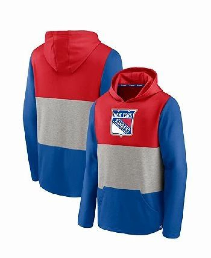 Sports Fan Shop * | Fanatics Men'S Branded New York Rangers Prep Color Block Pullover Hoodie Red, Blue