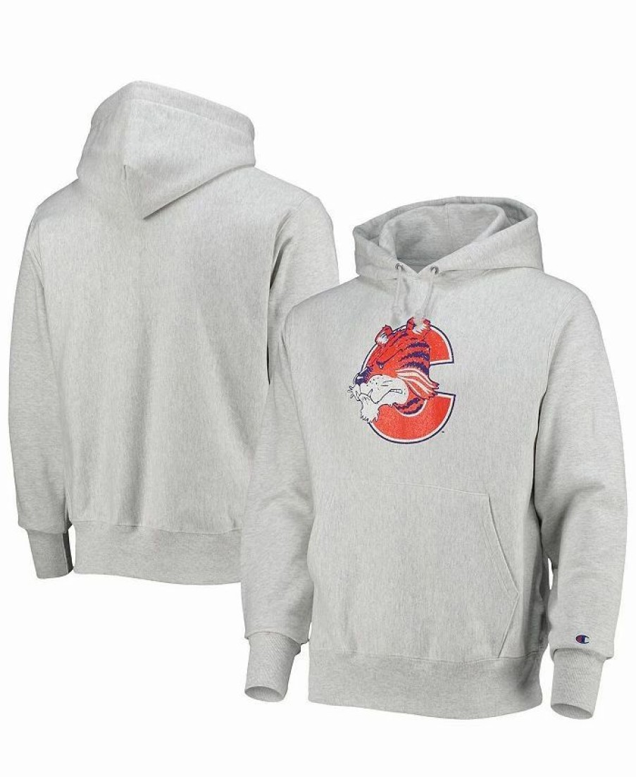 Sports Fan Shop * | Champion Men'S Clemson Tigers Team Vault Logo Reverse Weave Pullover Hoodie Heathered Gray