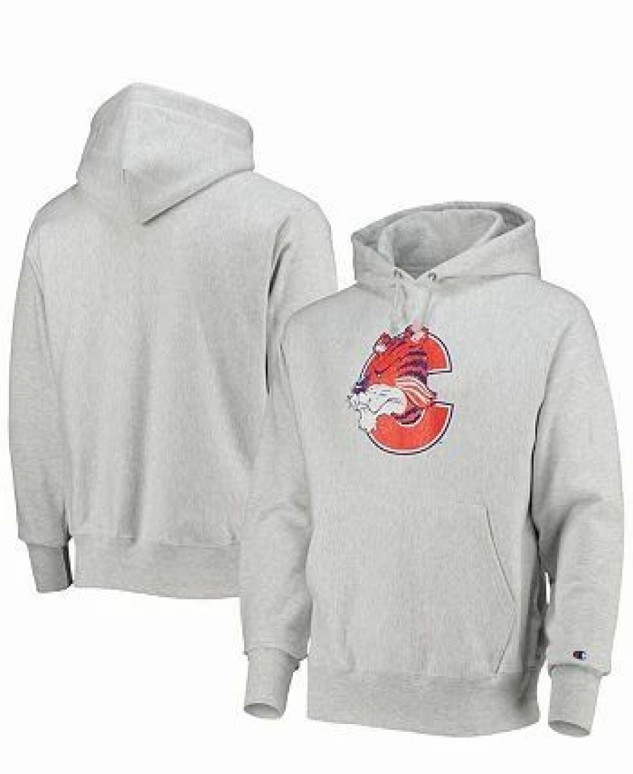 Sports Fan Shop * | Champion Men'S Clemson Tigers Team Vault Logo Reverse Weave Pullover Hoodie Heathered Gray