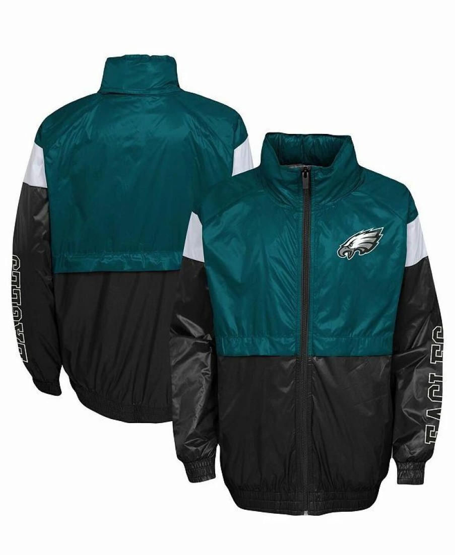 Sports Fan Shop * | Outerstuff Youth Boys Midnight Philadelphia Eagles Goal Line Stance Full-Zip Hoodie Windbreaker Green, Black