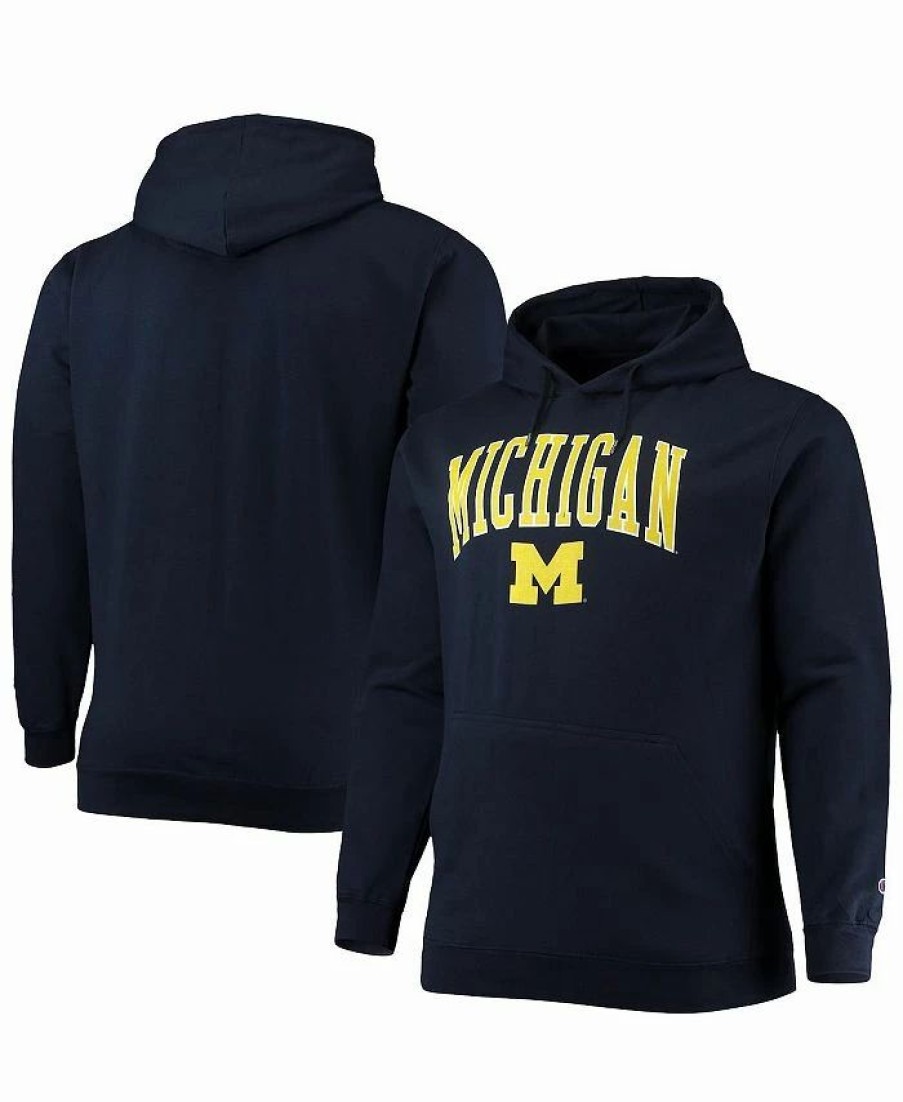 Sports Fan Shop * | Champion Men'S Michigan Wolverines Big And Tall Arch Over Logo Powerblend Pullover Hoodie Navy