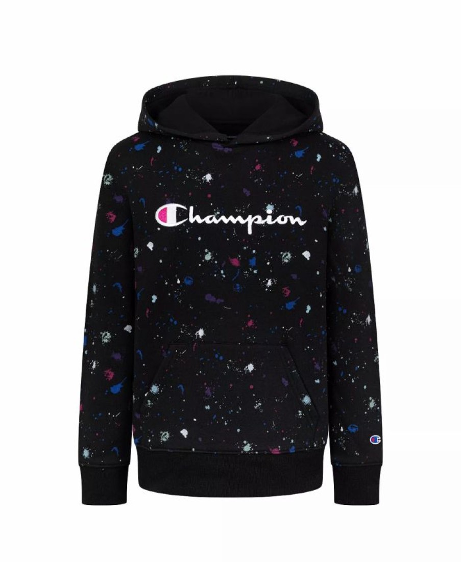 Kids * | Champion Toddler Girls Paint Splatter All Over Print Fleece Hoodie Black