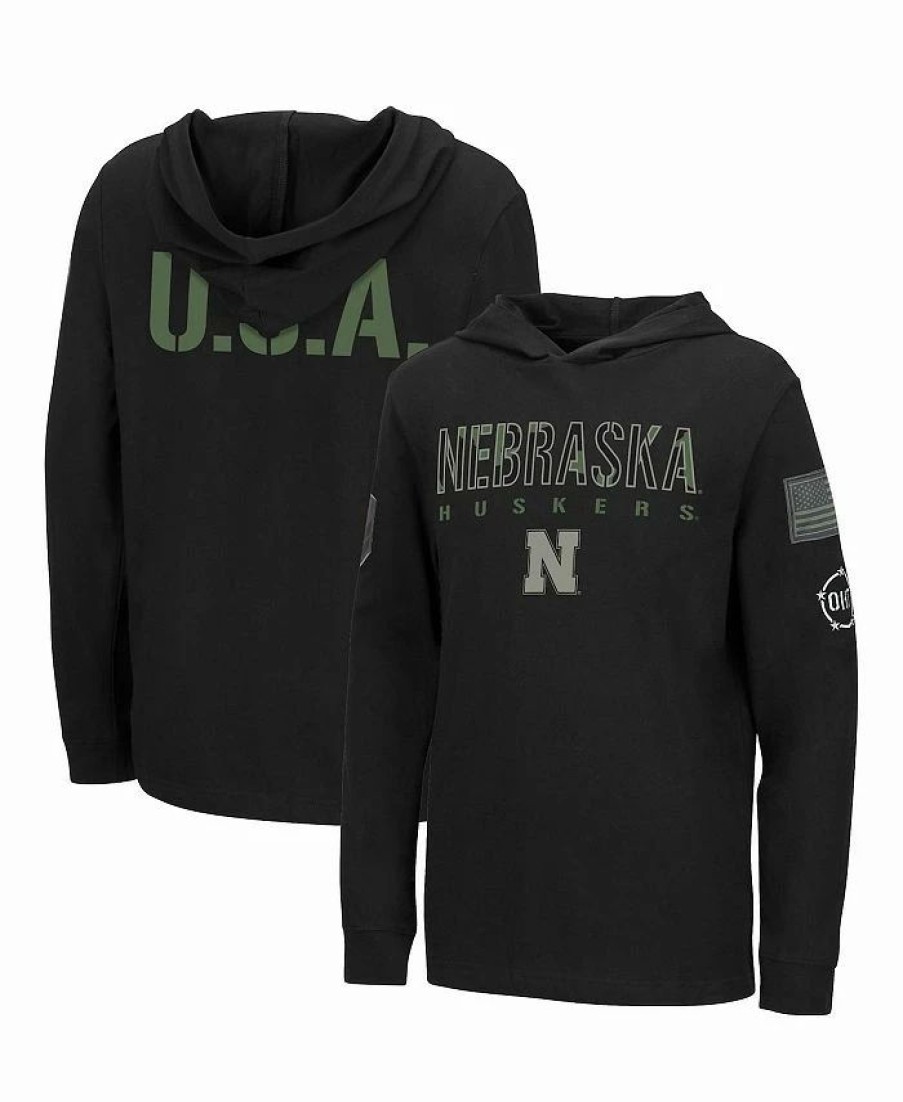 Sports Fan Shop * | Boys Youth Nebraska Huskers Oht Military-Inspired Appreciation Tango Long Sleeve Hoodie T-Shirt Black