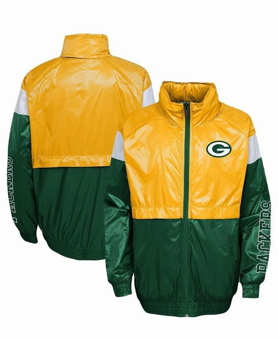 Sports Fan Shop * | Outerstuff Youth Boys And Girls Green Bay Packers Goal Line Stance Full-Zip Hoodie Windbreaker Gold, Green