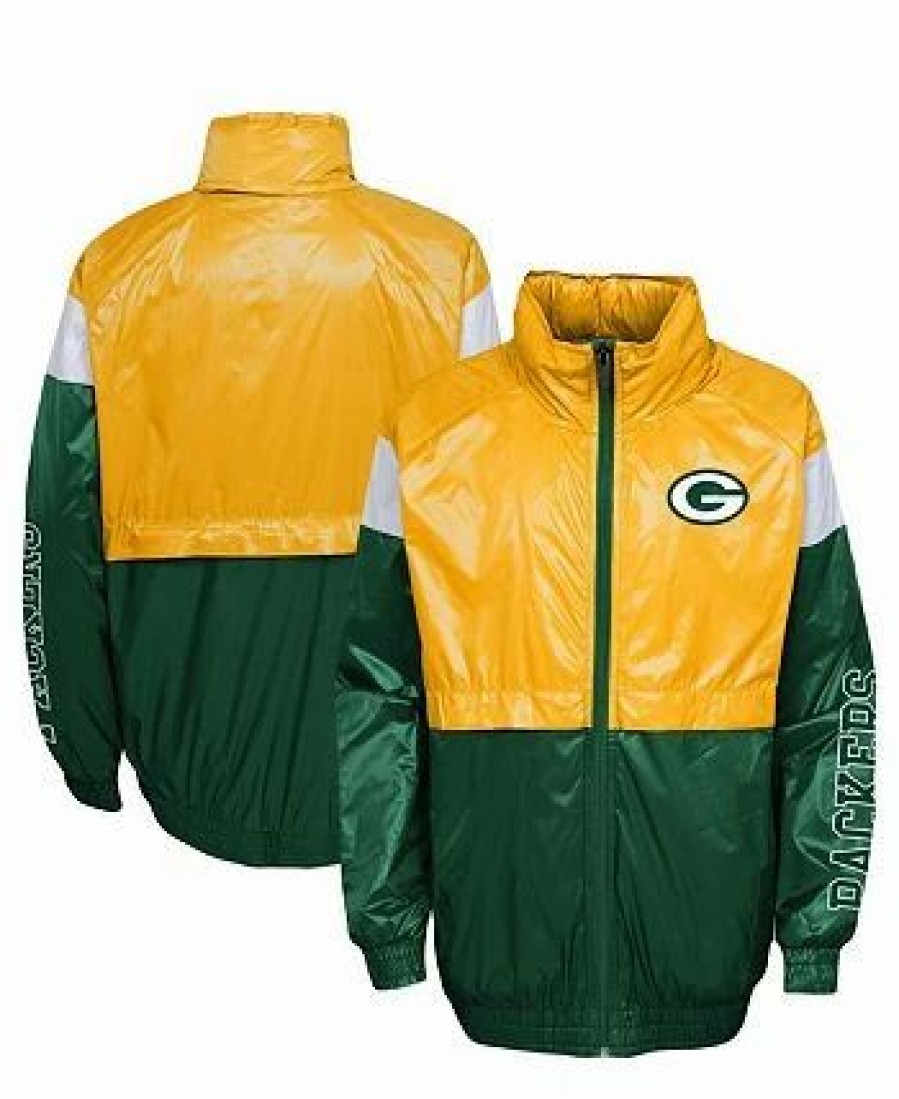 Sports Fan Shop * | Outerstuff Youth Boys And Girls Green Bay Packers Goal Line Stance Full-Zip Hoodie Windbreaker Gold, Green