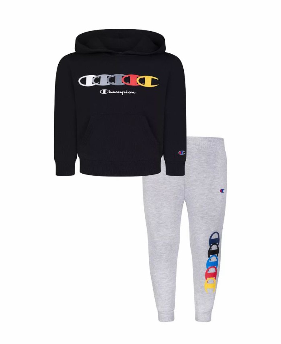 Kids * | Champion Little Boys C Rings Fleece Hoodie And Joggers, 2 Piece Set Black, Oxford Heather