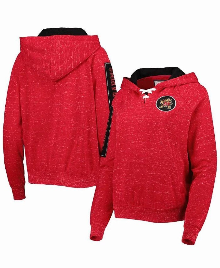 Sports Fan Shop * | Women'S Maryland Terrapins The Devil Speckle Lace-Placket Raglan Pullover Hoodie Red