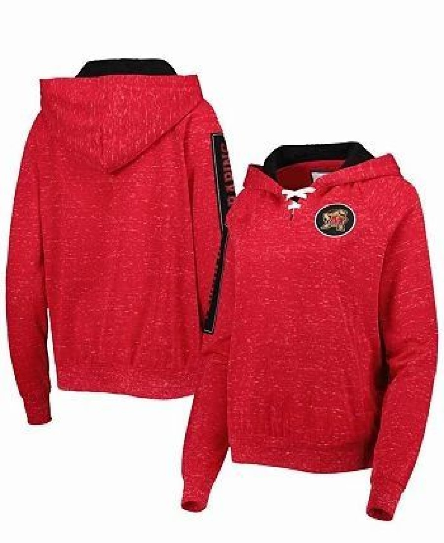 Sports Fan Shop * | Women'S Maryland Terrapins The Devil Speckle Lace-Placket Raglan Pullover Hoodie Red