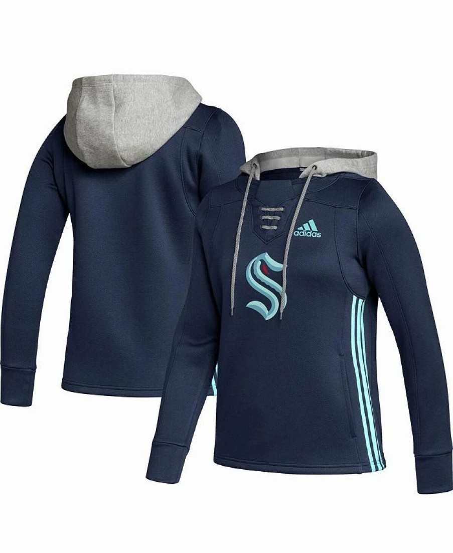 Sports Fan Shop * | Adidas Women'S Seattle Kraken Skate Lace Primeblue Team Pullover Hoodie Deep Sea Blue