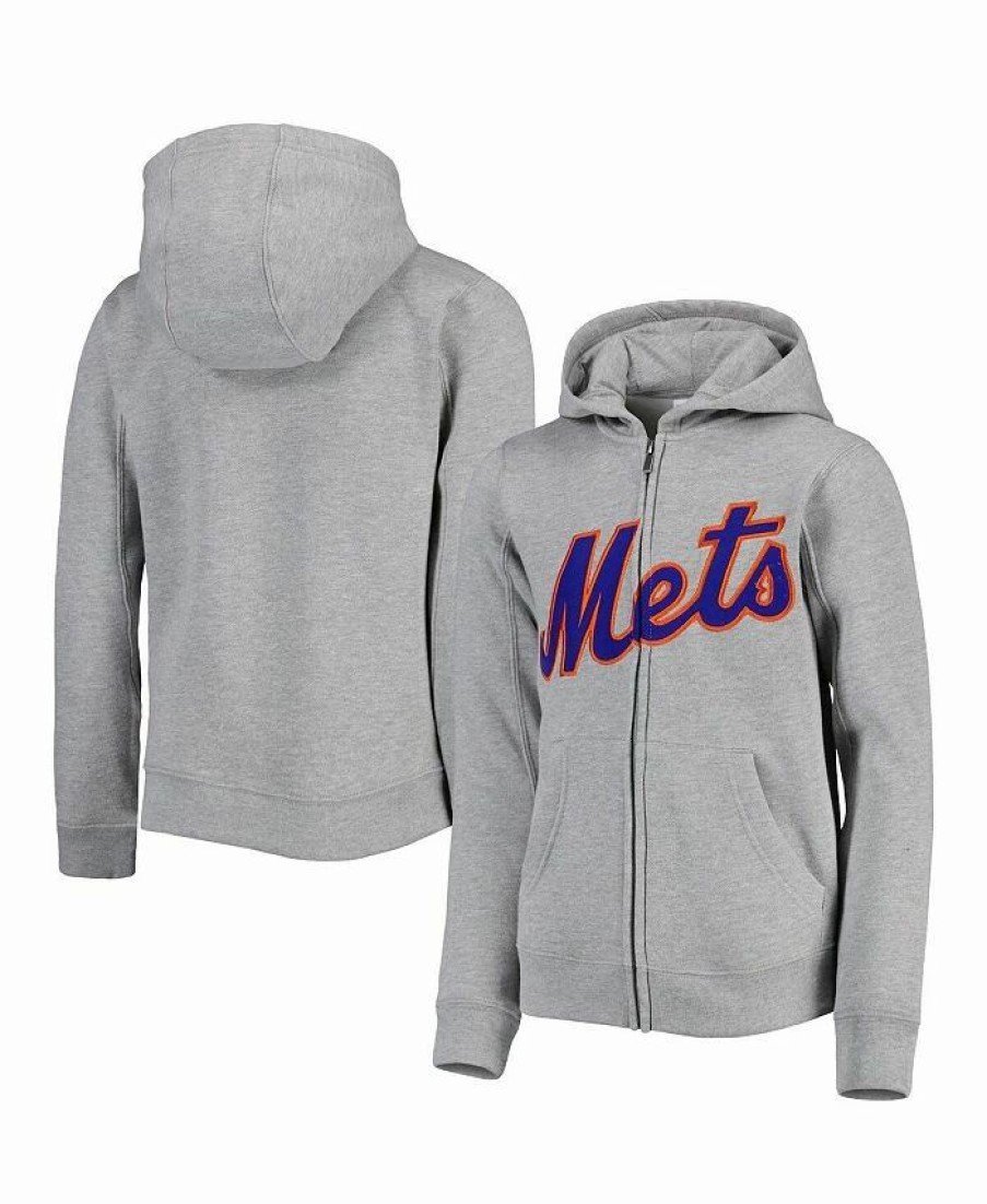 Sports Fan Shop * | Outerstuff Youth Boys And Girls New York Mets Wordmark Full-Zip Fleece Hoodie Heather Gray