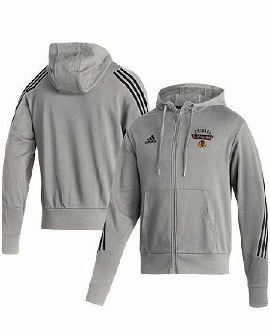 Sports Fan Shop * | Adidas Men'S Chicago Blackhawks Fashion Full-Zip Hoodie Heathered Gray