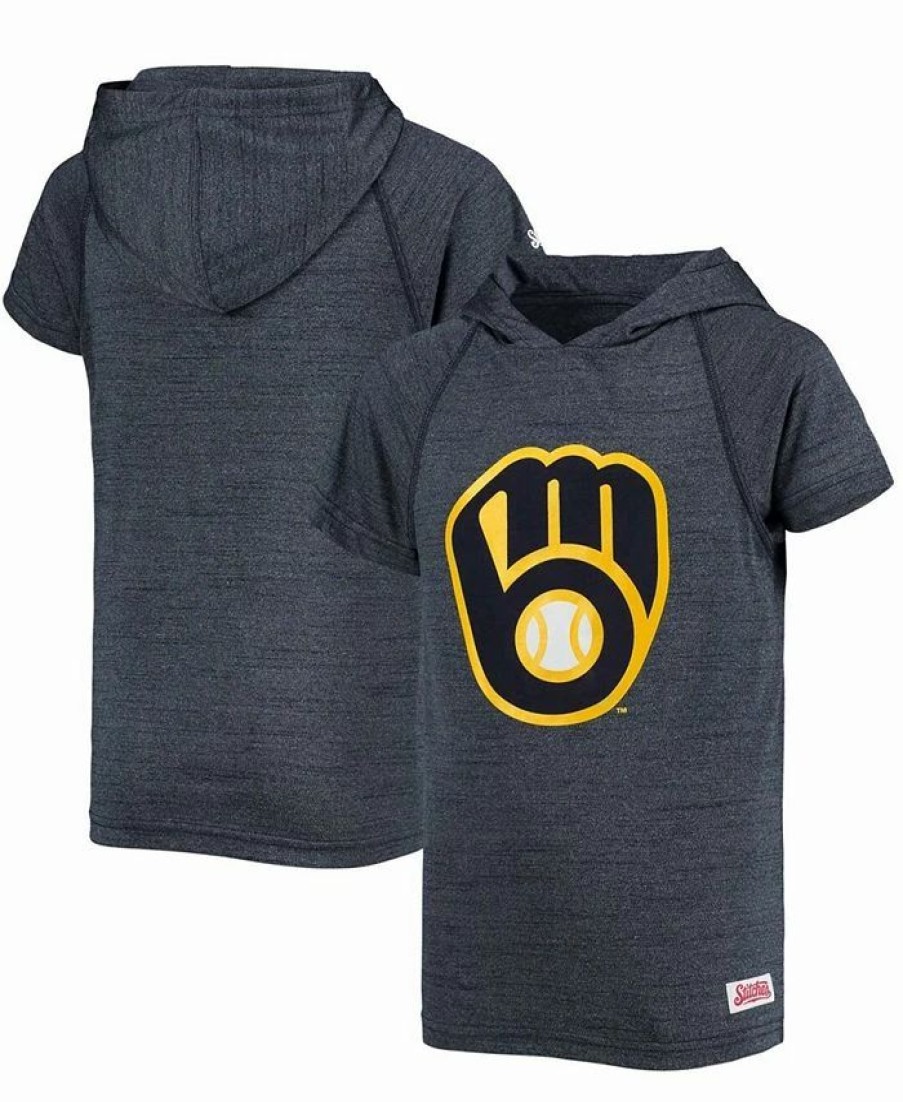 Sports Fan Shop * | Youth Milwaukee Brewers Raglan Short Sleeve Pullover Hoodie Heathered Navy