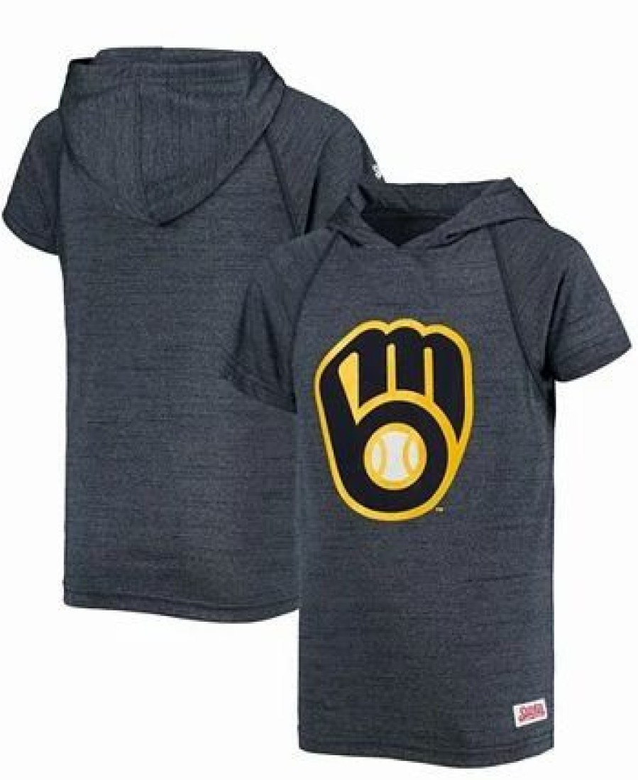 Sports Fan Shop * | Youth Milwaukee Brewers Raglan Short Sleeve Pullover Hoodie Heathered Navy