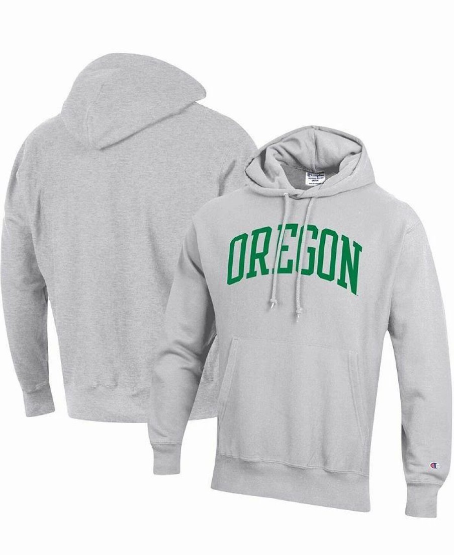 Sports Fan Shop * | Champion Men'S Oregon Ducks Team Arch Reverse Weave Pullover Hoodie Heathered Gray