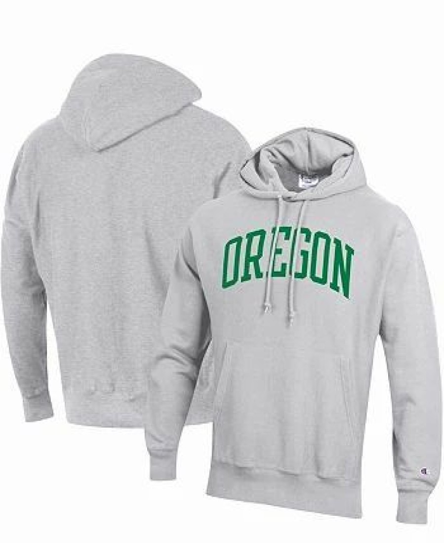 Sports Fan Shop * | Champion Men'S Oregon Ducks Team Arch Reverse Weave Pullover Hoodie Heathered Gray