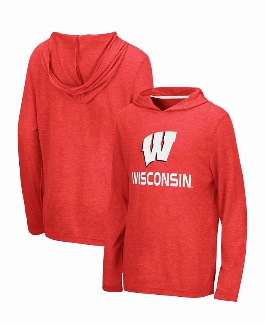 Sports Fan Shop * | Youth Boys Wisconsin Badgers Team Lockup Long Sleeve Hoodie T-Shirt Heathered Red