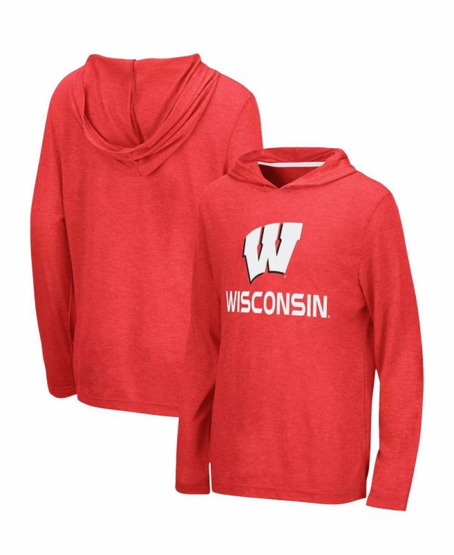 Sports Fan Shop * | Youth Boys Wisconsin Badgers Team Lockup Long Sleeve Hoodie T-Shirt Heathered Red