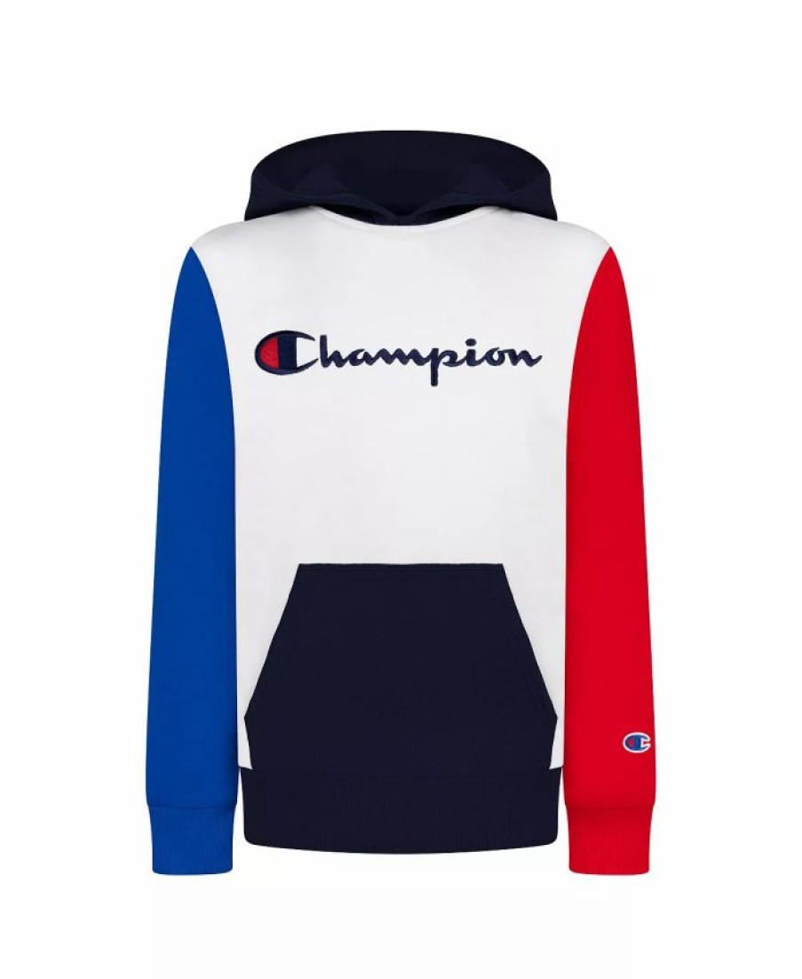 Kids * | Champion Toddler Boys Color Blocked Script Hoodie Sweatshirt White, Navy, Bozetto Blue, New Ripe Red