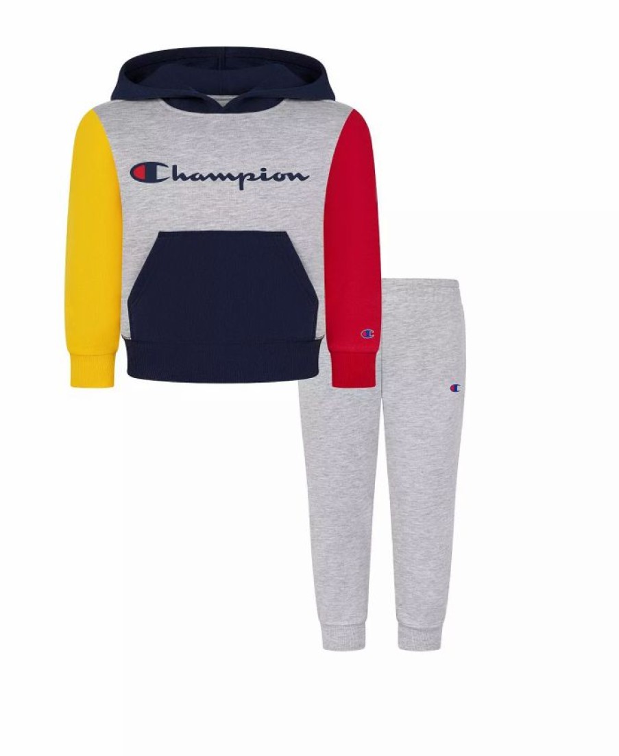 Kids * | Champion Baby Boys Color Block Fleece Hoodie And Joggers, 2 Piece Set Oxford Heather, New Ripe Red, Team Gold, Navy