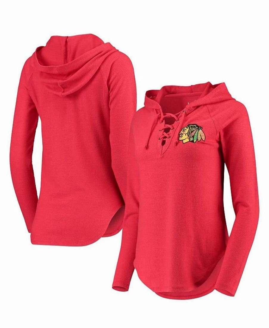 Sports Fan Shop * | Women'S Chicago Blackhawks Soaring Puck Pullover Lace-Up V-Neck Hoodie Red